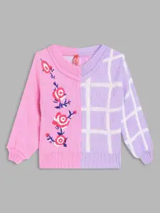 Blue Giraffe Girls Pink & Blue Colourblocked Pullover Sweater