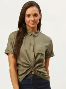 Carlton London Women Olive Green Twisted Pure Cotton Shirt Style Top