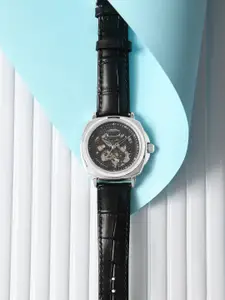 French Connection Men Dial Leather Straps Analogue Automatic Motion Powered Watch Skeleton