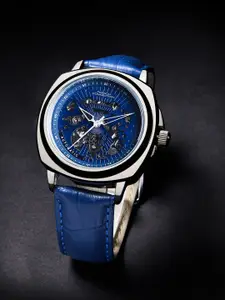 French Connection Men Blue Printed Dial & Blue Leather Straps Analogue Automatic Motion Powered Watch