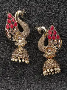ANIKAS CREATION Pink & Gold Plated Peacock Shaped Jhumkas Earrings