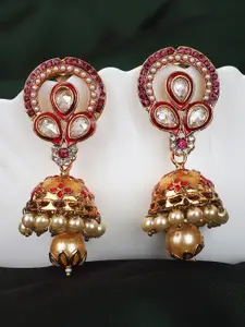 ANIKAS CREATION Red & Gold-Plated Dome Shaped Jhumkas Earrings