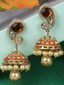 ANIKAS CREATION Brown & Gold-Plated Dome Shaped Jhumkas Earrings