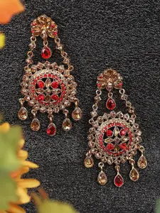 ANIKAS CREATION Red & Gold-Plated Contemporary Drop Earrings