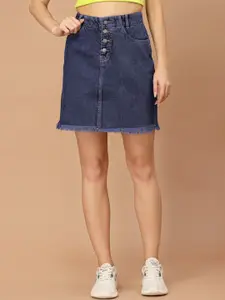 KASSUALLY Women Blue Solid Above-Knee Length Denim Straight Skirts