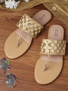 PANAHI Women Gold-Toned Ethnic T-Strap Flats