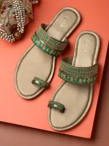 PANAHI Women Green Embellished One Toe Flats