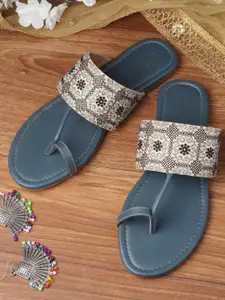 PANAHI Women Grey Embellished Open Toe Flats