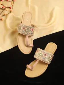 PANAHI Women Peach-Coloured Embellished Ethnic One Toe Flats with Tassels