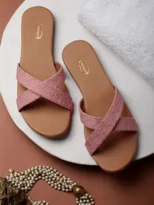 PANAHI Women Pink Textured Open Toe Flats