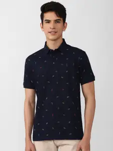 SIMON CARTER LONDON Men Navy Blue Printed Polo Collar Slim Fit T-shirt