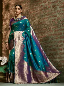 elora Women Blue & Gold-Toned Woven Design Zari Silk Blend Banarasi Saree