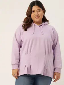 theRebelinme Plus Size Women Lavender Fleece Solid Hooded Sweatshirt With Pleated Detail
