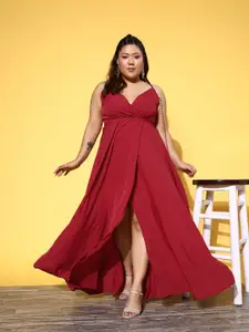 Berrylush Curve Plus Size Red Crepe Solid Fit & Flare Maxi Dress