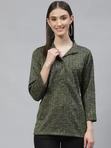 Ayaany Women Olive Green Striped Scuba Shirt Style Top