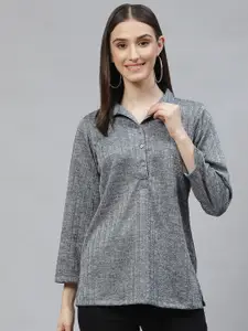 Ayaany Women Grey Striped Scuba Shirt Style Top