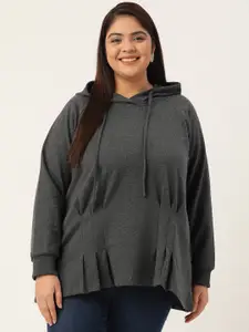 theRebelinme Plus Size Women Charcoal Hooded Sweatshirt with Pleated Detail