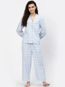 BLANC9 Women White & Blue Checked Pure Cotton Night suit