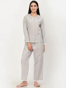 BLANC9 Women Grey & White Solid Pure Cotton Night suit