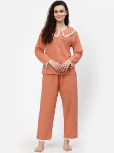 BLANC9 Women Orange & White Solid Pure Cotton Night suit