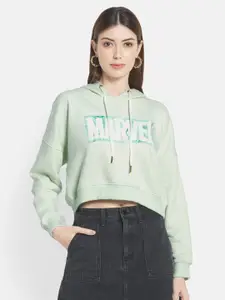 METTLE Women Olive Green Marvel Printed Hooded Sweatshirt