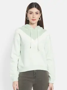 METTLE Women Green Solid Hooded Sweatshirt