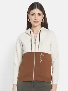 METTLE Women Brown Colourblocked Hooded Sweatshirt