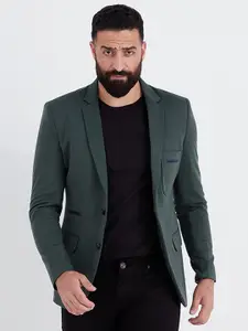 MR BUTTON Men Green Solid Slim-Fit Single-Breasted  Blazer