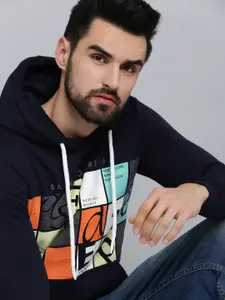 SHOWOFF Men Navy Blue Printed Hooded Cotton Sweatshirt