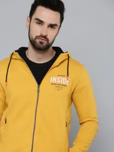 SHOWOFF Men Yellow Printed Hooded Cotton Sweatshirt