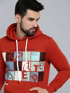 SHOWOFF Men Rust Printed Hooded Cotton Sweatshirt
