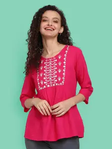 V-Mart Women Pink Embroidered Poly Cotton Round Neck Top