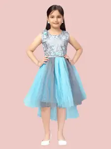 Aarika Aarika Turquoise Blue & Grey Floral Embroidered Net Dress