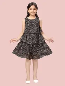 Aarika Girls Black Floral Layered Georgette Dress