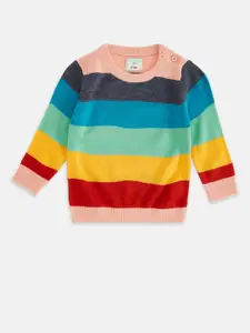 Pantaloons Baby Girls Peach-Coloured & Blue Striped Pullover
