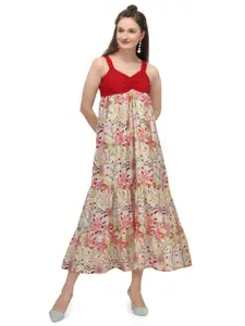 MESMORA FASHION Off White & Red Floral Empire Midi Dress
