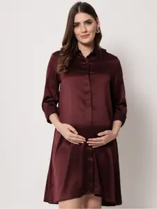 angloindu Women Burgundy Satin Maternity Shirt Dress