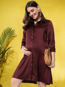 angloindu Women Burgundy Satin Maternity Shirt Dress