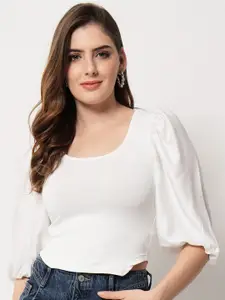 angloindu White Solid Scoop Neck Puffed Sleeve Crop Top