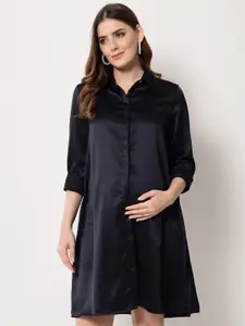 angloindu Navy Blue Satin Maternity Shirt Dress