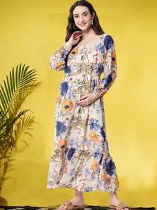 angloindu Beige & Orange Floral Georgette Maternity A-Line Maxi Dress
