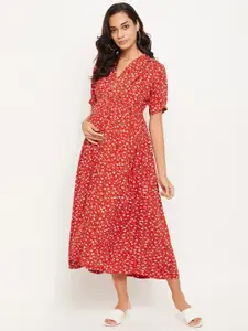 NABIA Red & Beige Floral Maternity Midi A-Line Dress