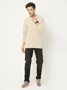 Crimsoune Club Men Beige Solid Round Neck Pure Cotton Pullover