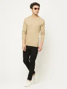 Crimsoune Club Men Beige Solid V-Neck Long Sleeves Pullover