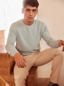 Crimsoune Club Men Mint Green Cable Knit Pure Cotton Pullover
