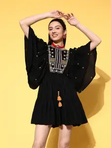 Ishin Black Ethnic Motifs Embroidered Peplum Mini Dress