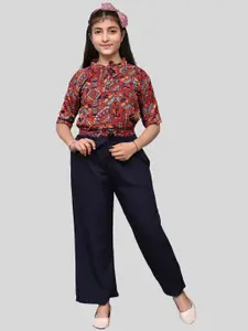 Elendra jeans Girls Red & Navy Blue Printed Top with Palazzo Set