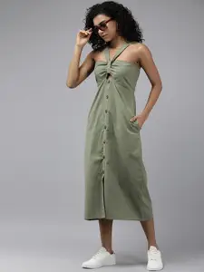 The Roadster Lifestyle Co. Solid Pure Cotton A-Line Midi Dress With Cut Out Detail
