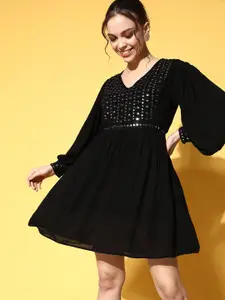 Ishin Black Embellished Crepe A-Line Mini Dress