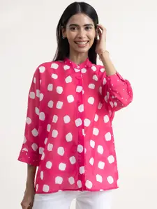 Pink Fort Pink & White Geometric Print Mandarin Collar Shirt Style Top